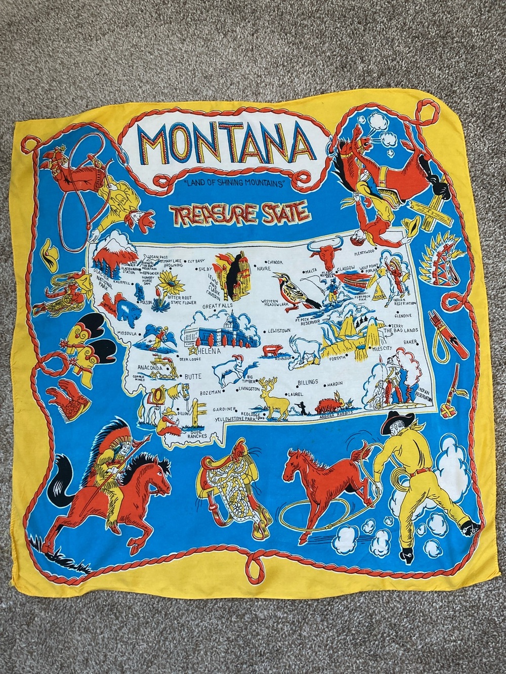 Vintage Montana Treasure State scarf 50s 60s souvenir travel Western cowboy